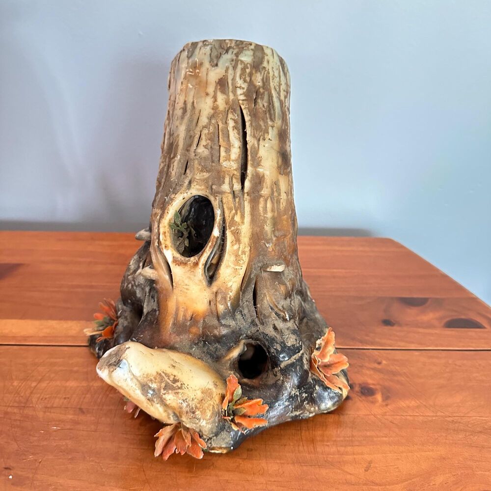 Vintage Faux Wood Tree Stump Figurine Rustic Log Wax Candle Core Decor 8"